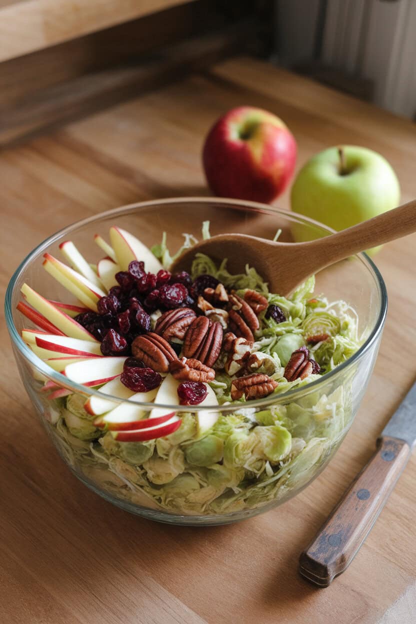 An indoor countertop with a glass bowl containing finely shredded Brussels sprouts, thin apple matchsticks, dried cranberries, and toasted pecans tossed lightly. No brand names or text. Photo, not illustration.