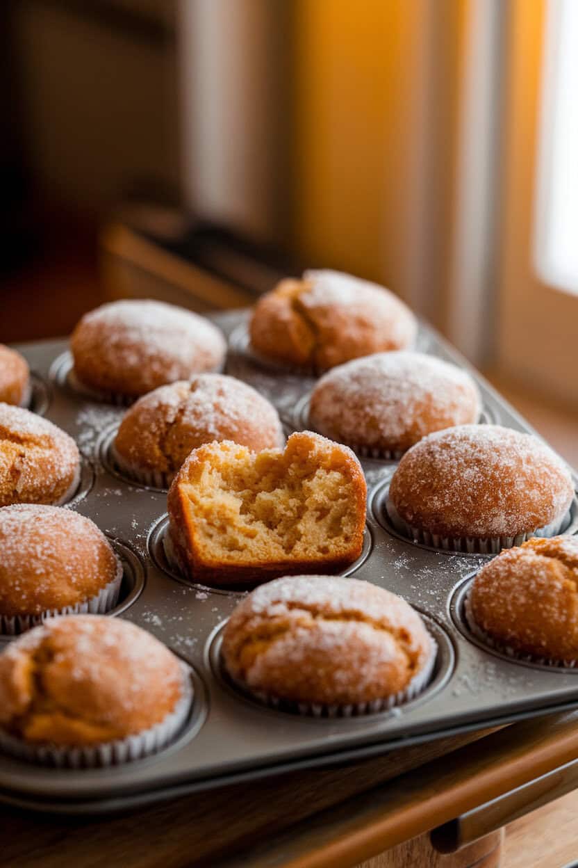 A warmly lit indoor counter with sugar-coated apple cider doughnut muffins in a muffin tin, one broken open to reveal fluffy interior. No text or logos. Photo only.