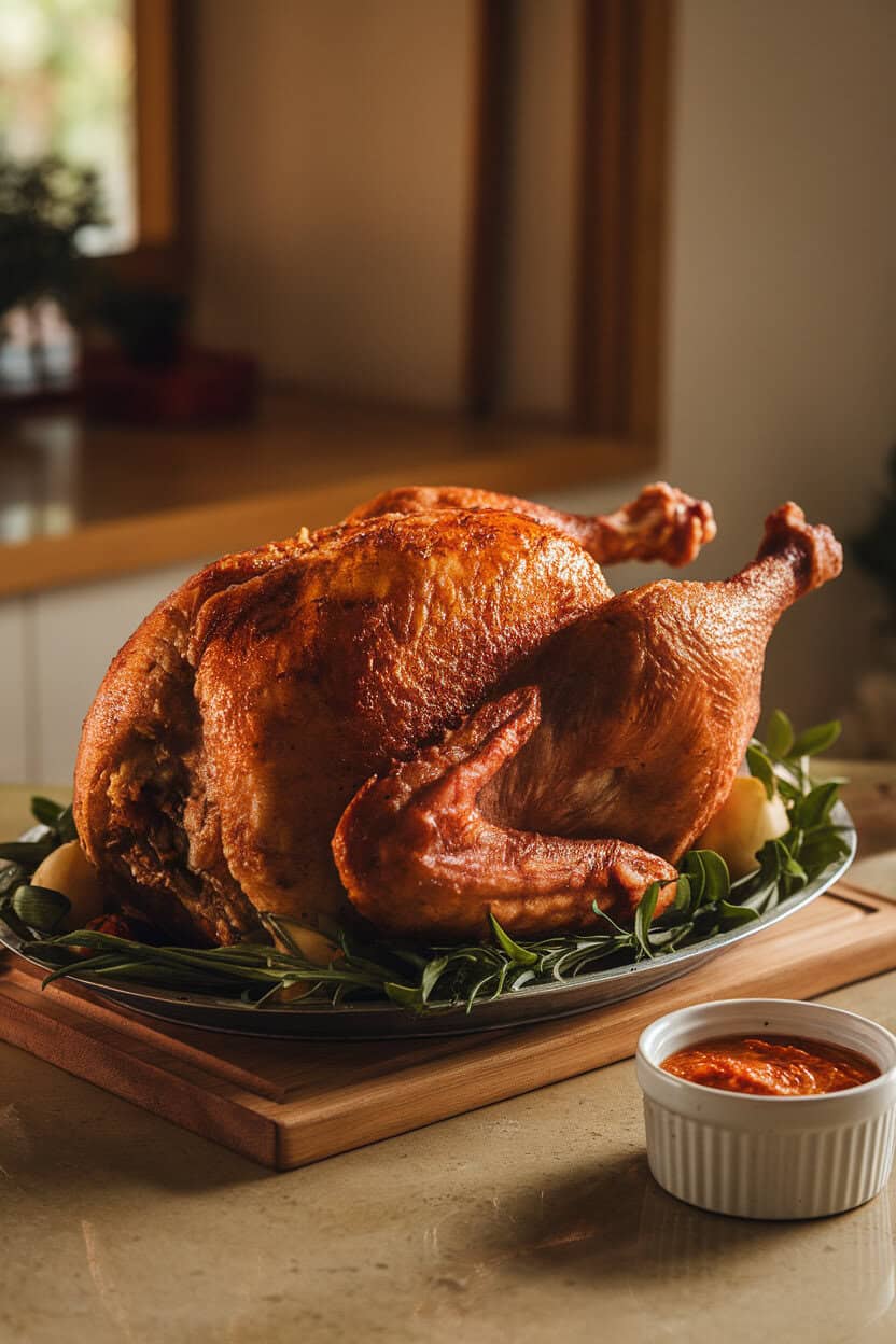 Indoor countertop scene with sliced Cajun fried turkey on a platter, crispy bronze skin visible, a small ramekin of spicy dipping sauce nearby, warm lighting, no text or logos.