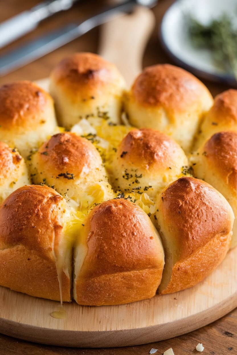 Indoor breadboard displaying a golden pull-apart loaf oozing melted butter, garlic, and Parmesan between scored pieces. No text or logos.