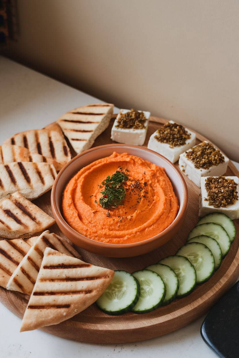 Indoor photo showing bright orange carrot hummus in a bowl, grilled pita wedges, za’atar-crusted feta cubes, and cucumber rounds. No text or logos.