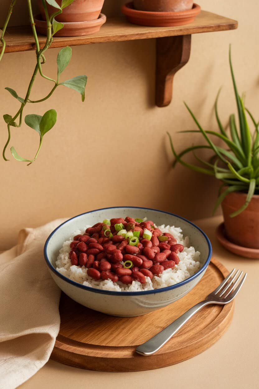 A bowl of red beans served over fluffy white rice, garnished with green onions, indoor lighting, no text or logos.