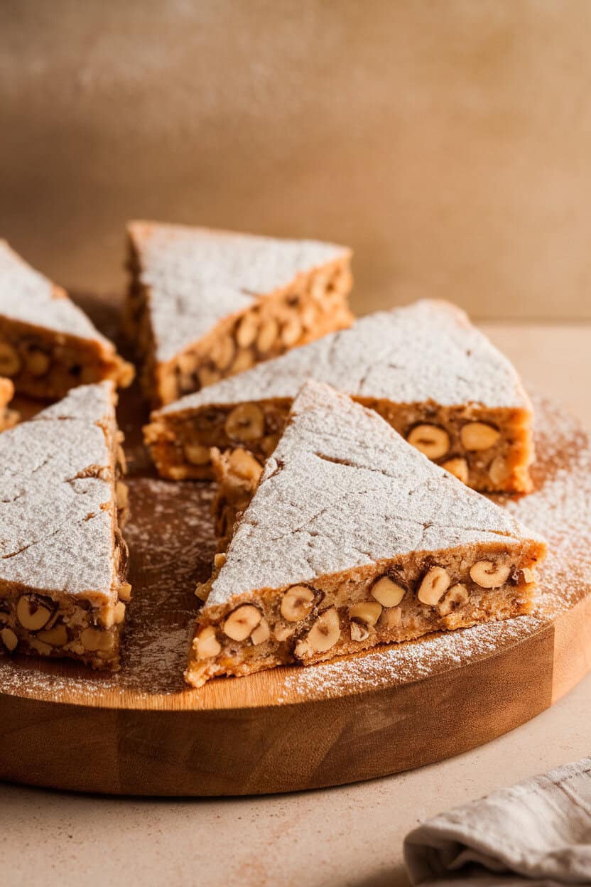 Soft indoor lighting on triangular wedges of hazelnut shortbread dusted with powdered sugar, no text or logos present.