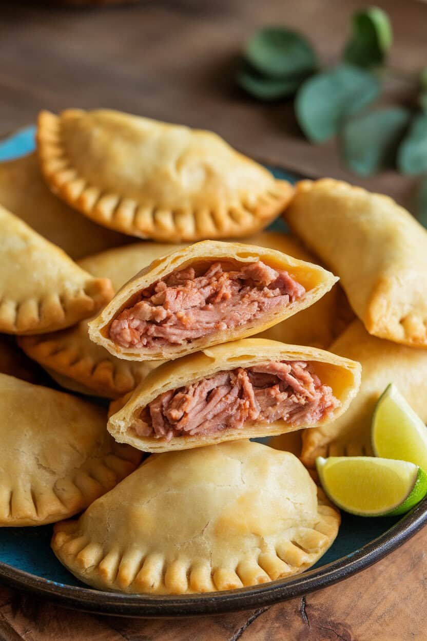 An indoor platter showing flaky empanadas split open to reveal citrus-marinated pork filling, lime wedges on the side. No text or logos.
