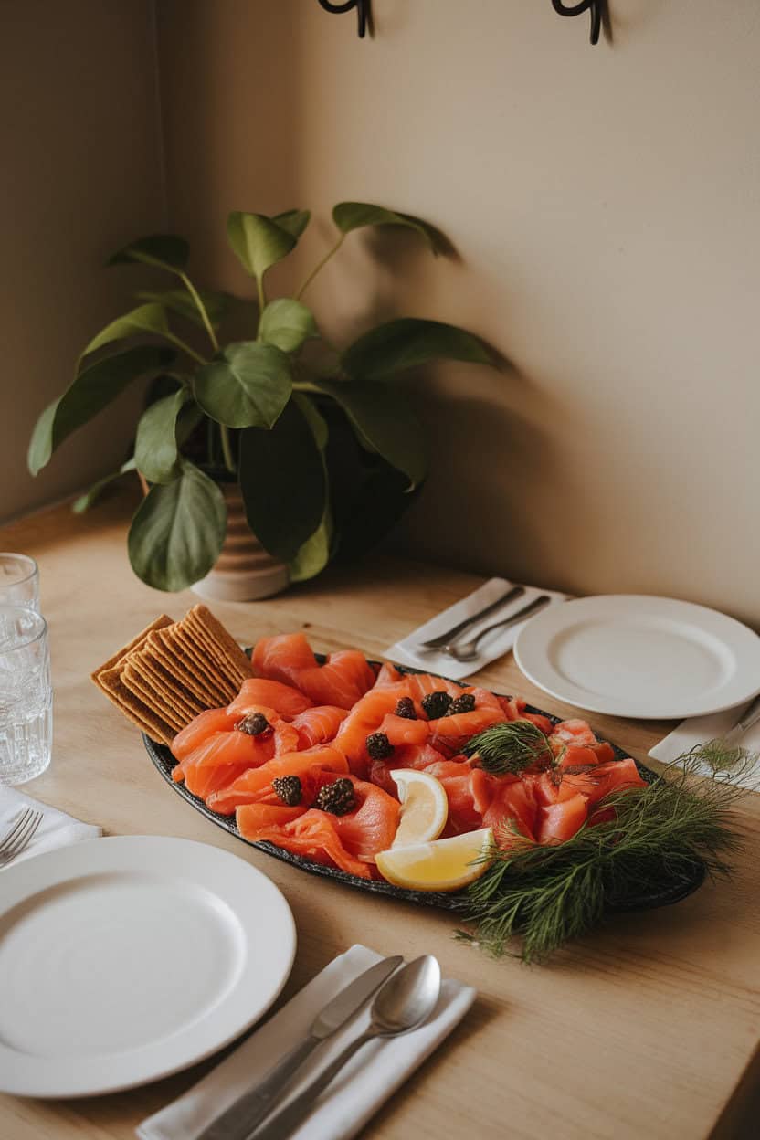 Indoor table scene with a platter of smoked salmon, smoked trout, lemon wedges, caper berries, dill, and thin rye crackers, warm neutral lighting, no branding.