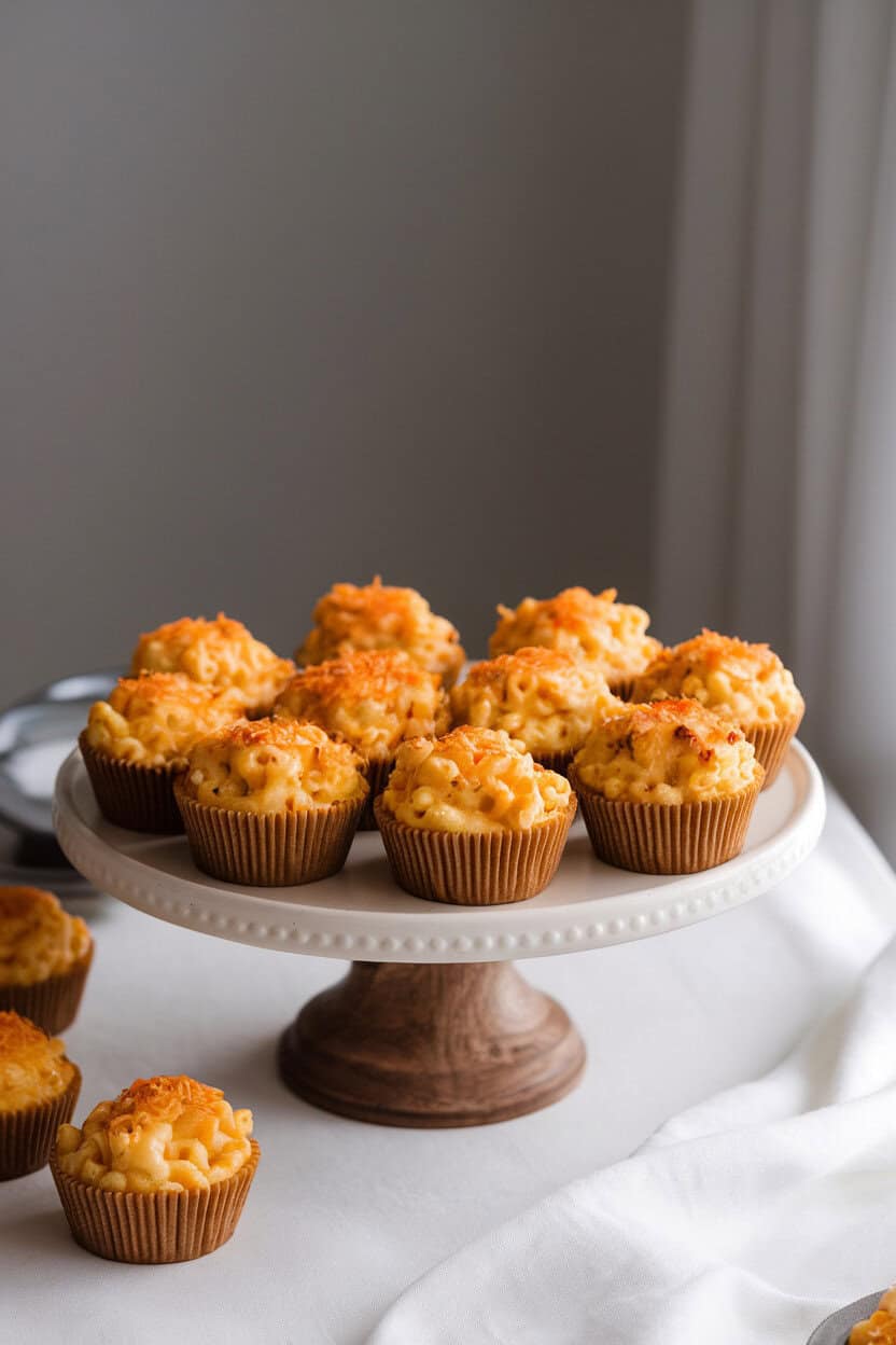 Photo of muffin-tin mac and cheese bites indoors, tops browned and cheesy, arranged on a cake stand; no text or logos