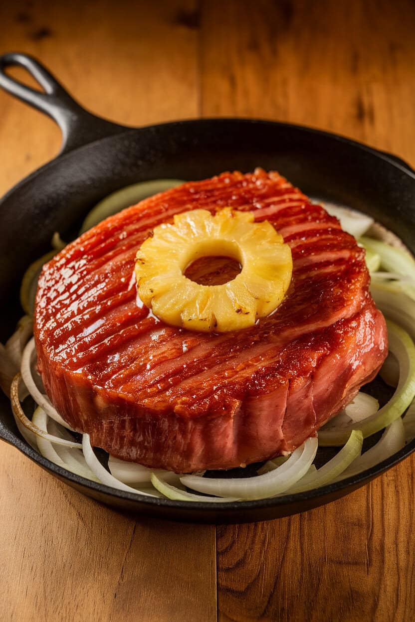 An indoor skillet with a thick ham steak caramelized by a brown sugar glaze, a few pineapple rings off to the side. No text or logos. Photo, not illustration.