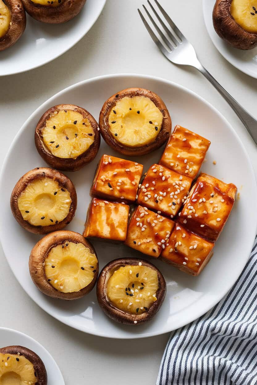 Photo indoors of a white plate featuring teriyaki-glazed tofu and pineapple stuffed mushrooms, sesame seeds sprinkled on top. No text or logos present.