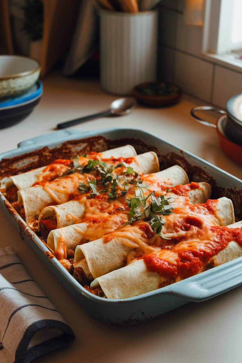 A baking dish of enchiladas topped with melted cheese and red sauce, roasted veggies visible inside, on an indoor countertop. No logos; photo, not illustration.