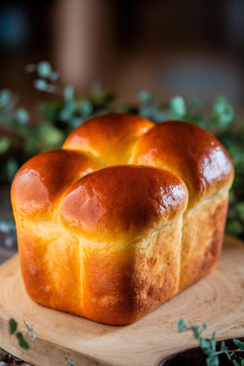Indoor photo of a shiny brioche loaf with a deep golden top, slice showing buttery yellow interior, lit from the side. No text or logos present.
