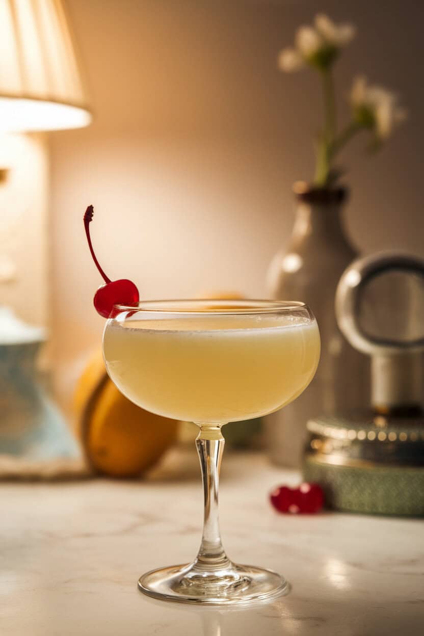 Photo of a vintage coupe indoors, pale yellow advocaat and lemonade cocktail, maraschino cherry perched on rim. No text or logos.