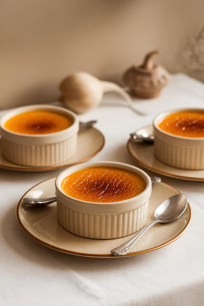 An indoor table set with ramekins of pumpkin crème brûlée, caramelized sugar tops crackled. No text or logos.