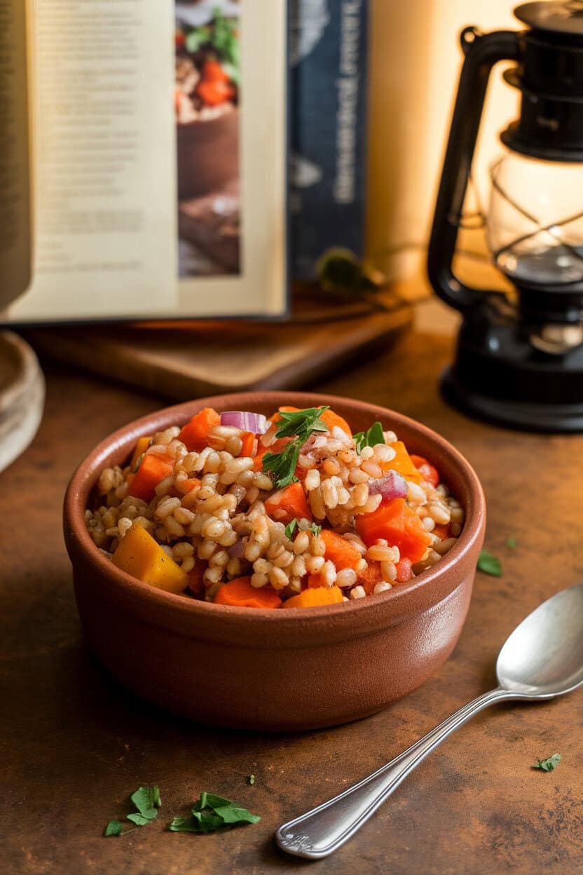 A rustic indoor table featuring a ceramic bowl of warm farro mixed with roasted carrots, parsnips, and red onions, garnished with chopped parsley. Steam visible, no logos. Photo, not illustration.
