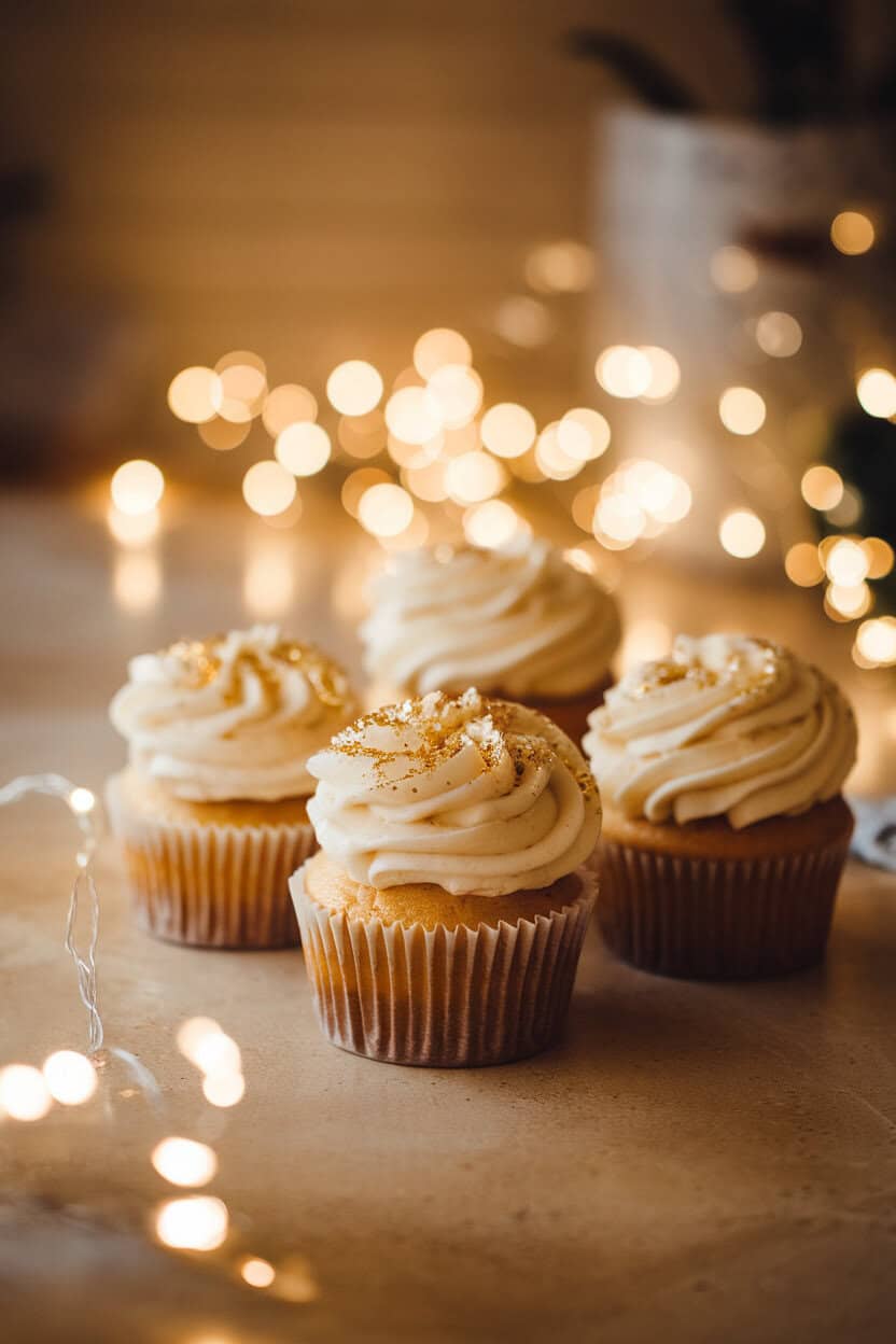 Photo prompt: A warmly lit indoor countertop holding three vanilla cupcakes topped with champagne-infused buttercream and edible gold glitter, a soft bokeh of twinkle lights in the background, no text or logos anywhere.