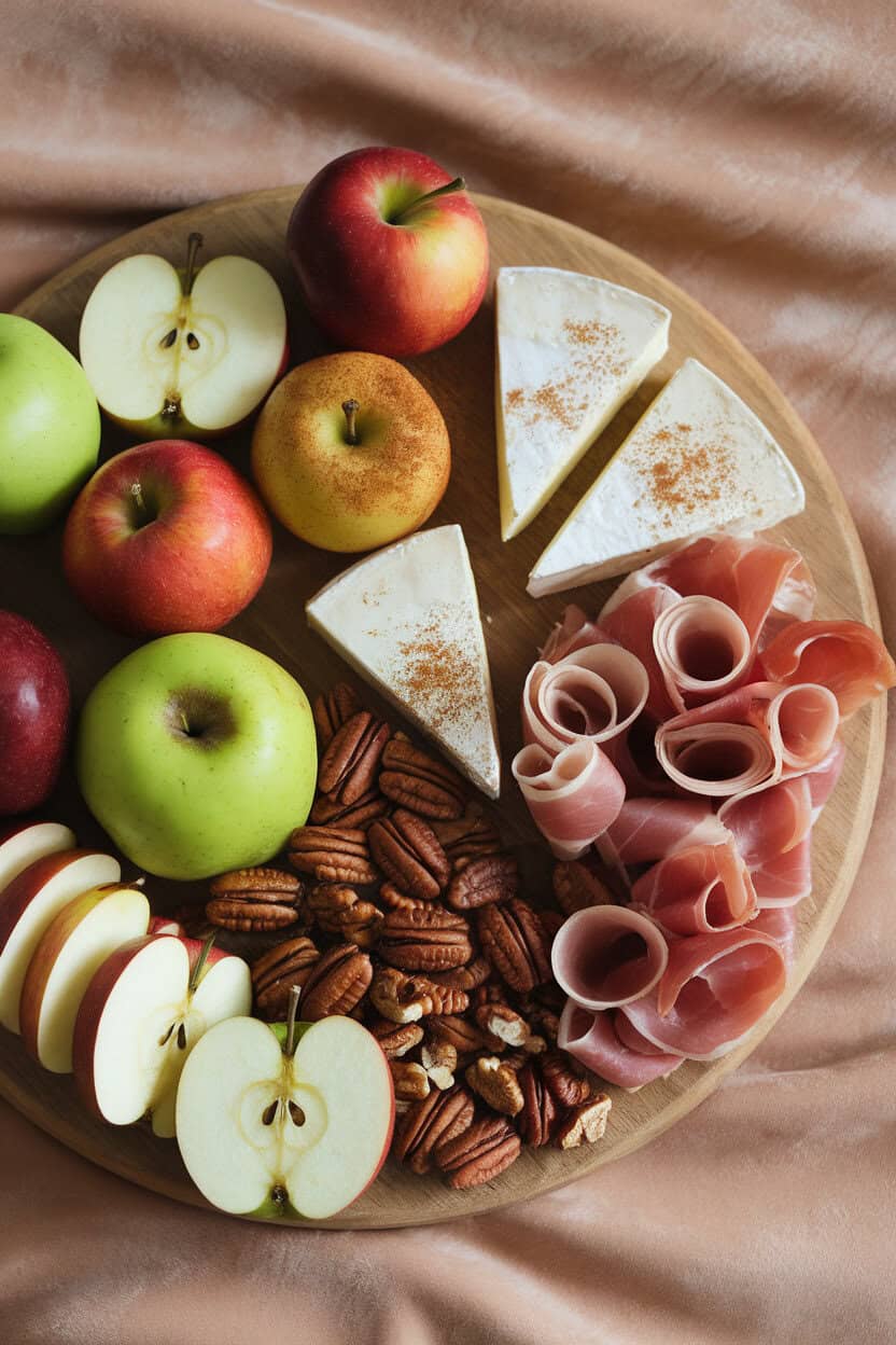 Indoor photo showing an overhead view of a board with assorted apple varieties, cinnamon-dusting, creamy Camembert wedges, prosciutto ribbons, and toasted pecans. No text or logos.