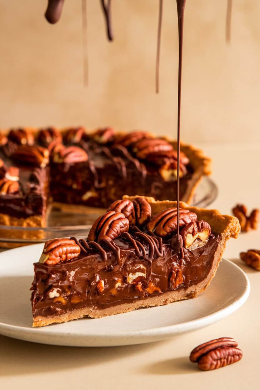 A close-up of a slice of chocolate pecan pie with glossy bourbon-infused filling, indoor warm light, no logos.