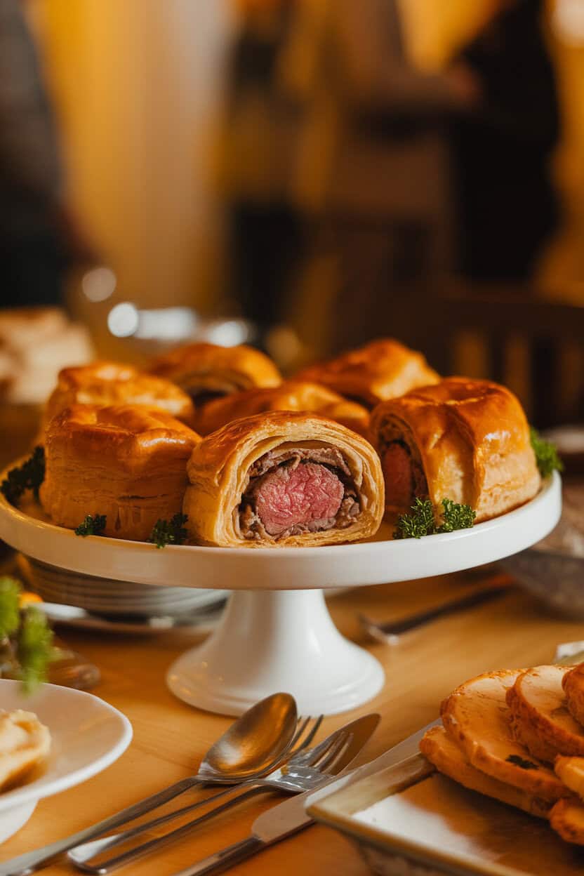 A warmly lit indoor table with a white platter holding golden mini beef Wellingtons, flaky pastry revealing a rosy beef center, garnished with parsley; photo, no text or logos.