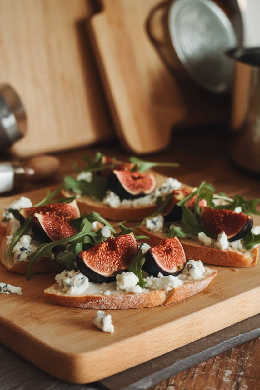 An indoor cutting board displaying sliced flatbread topped with roasted figs, crumbled blue cheese, and fresh arugula. No text or logos visible. Photo only.