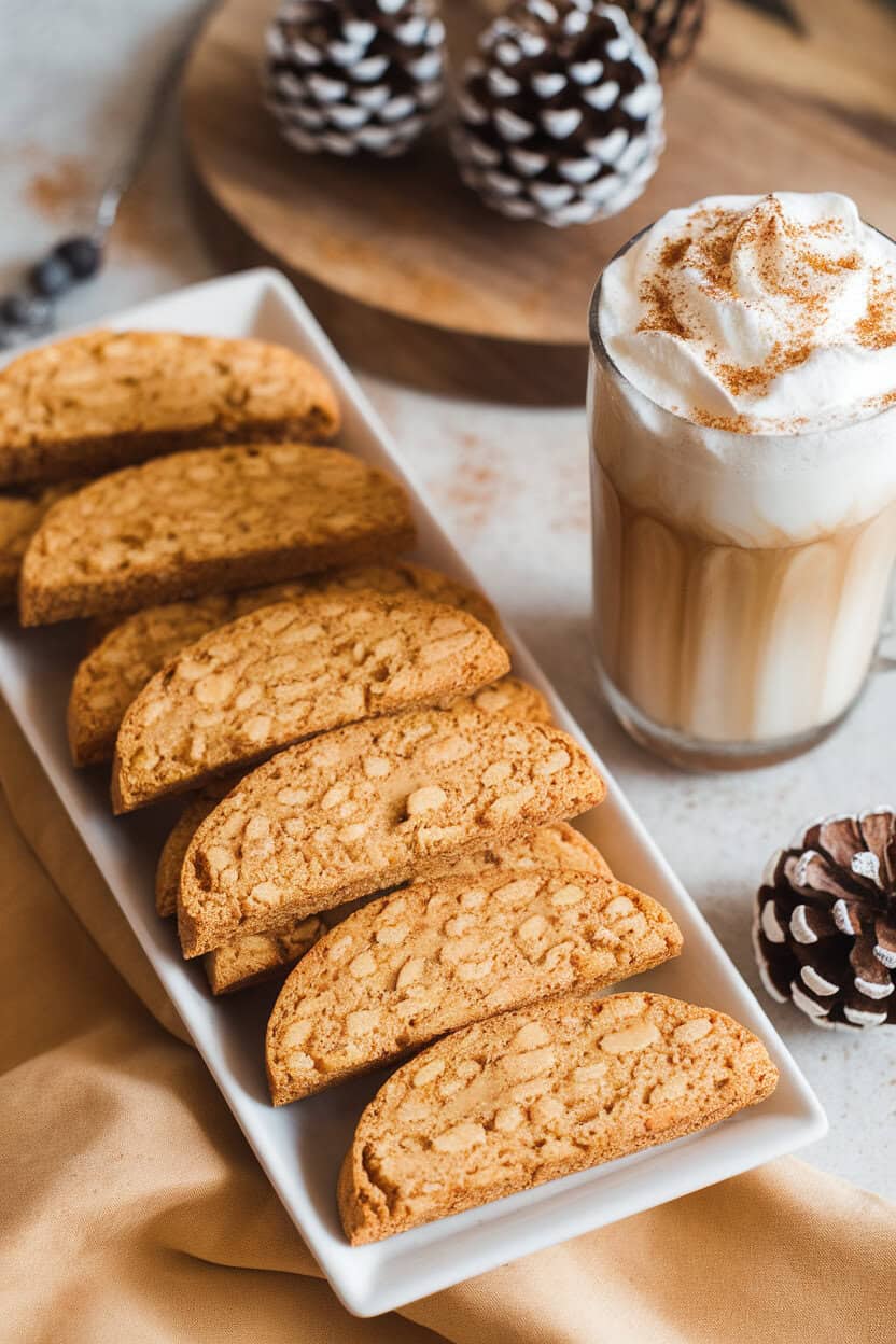 Indoor scene featuring a narrow platter of golden eggnog biscotti with visible nutmeg flecks, next to a holiday latte. No text or logos.