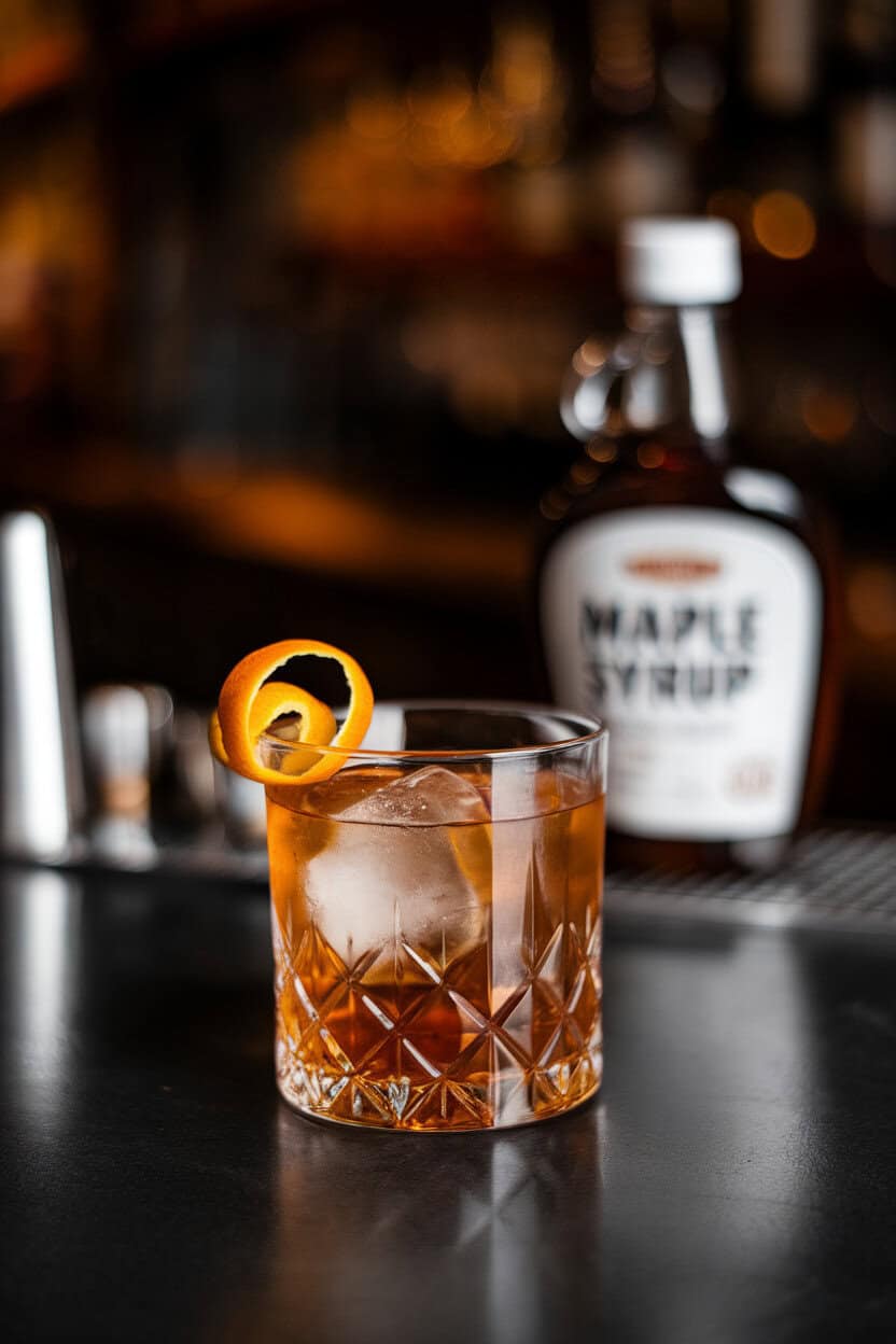 A dimly lit indoor bar counter featuring a crystal rocks glass of Maple Old Fashioned, large clear ice cube, expressed orange peel, and maple syrup bottle blurred in background; no text or logos; photo