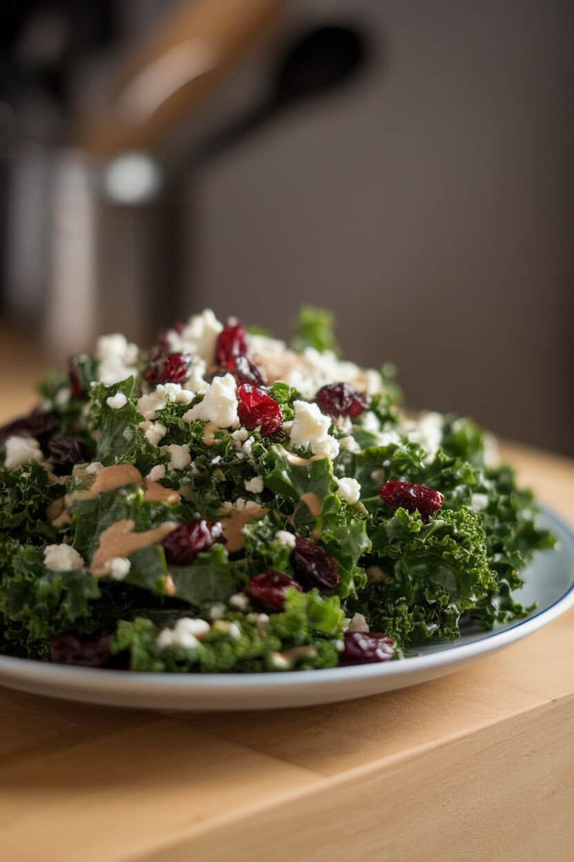 A plate of massaged kale tossed with dried cranberries, feta, and vinaigrette, photographed indoors. No text or logos. Photo, not illustration.