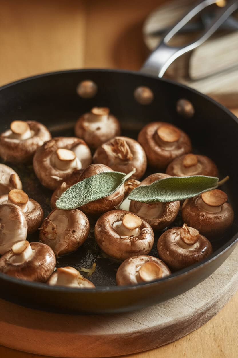Indoor skillet of sautéed mushrooms shimmering in brown butter with crispy sage leaves on top. Warm lighting; no text or logos present. Photo only.