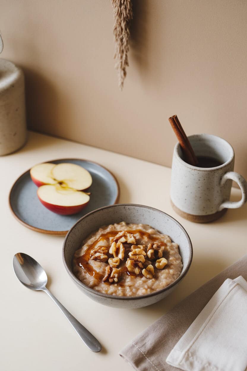 An indoor breakfast table with a bowl of apple cinnamon oatmeal topped with walnut pieces and a drizzle of maple syrup, no text or logos.