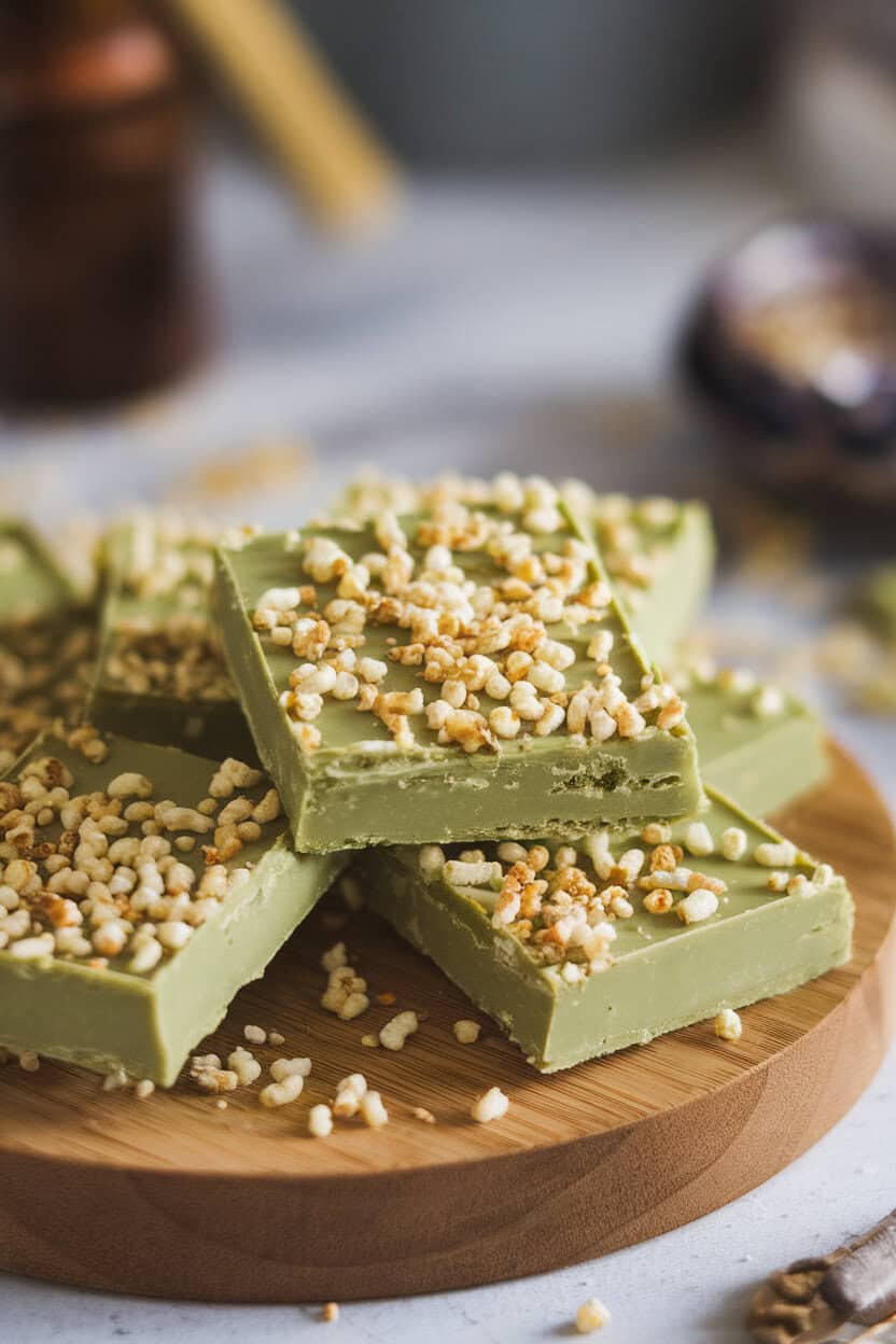 Indoor photo of pale green matcha-infused white-chocolate toffee sprinkled with puffed rice. No text or logos.