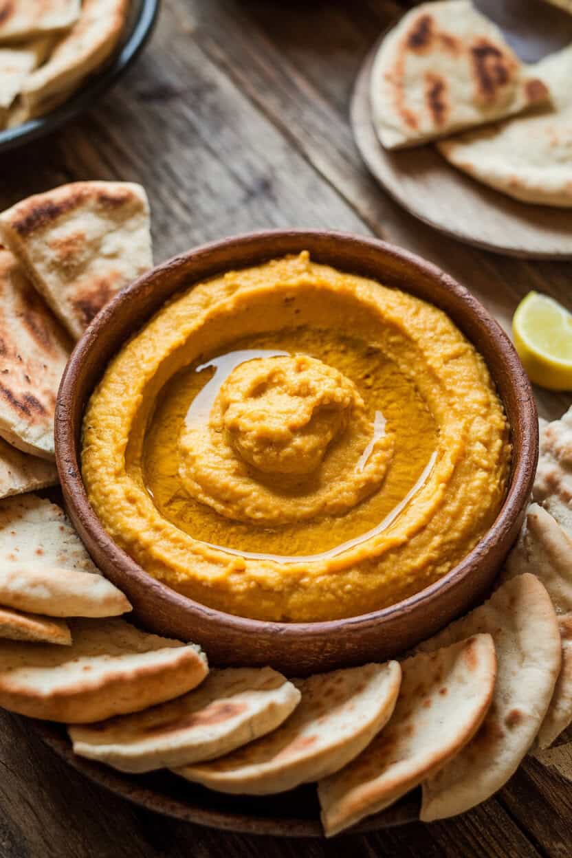 Indoor table scene with a rustic bowl of creamy acorn squash hummus, drizzle of olive oil on top, surrounded by pita wedges, no text.