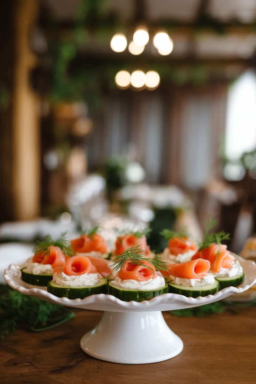 Photo of a white porcelain platter on an indoor dining table, holding cucumber rounds topped with creamy dill spread and folded slices of smoked salmon, garnished with fresh dill fronds; soft warm lighting, no text or logos visible, photo style realistic food magazine