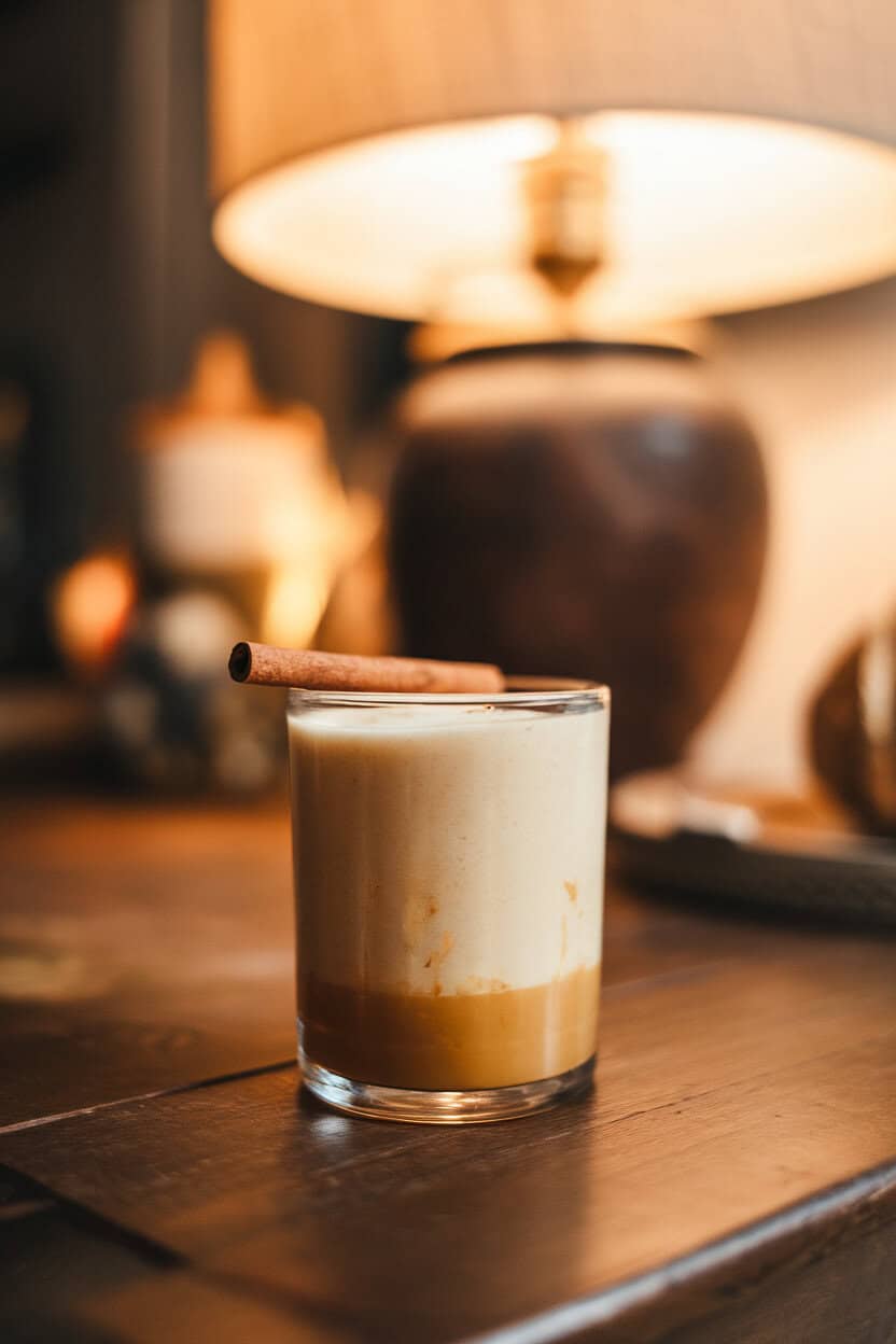 An indoor coffee-table scene with a lowball glass of creamy Pumpkin Spice White Russian, cinnamon stick resting on the rim, soft lamp glow in the background; no text or logos; photo