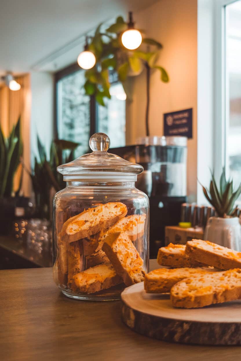 Photo prompt: Indoor espresso bar with cranberry orange biscotti propped in a glass jar, flecks of orange zest visible. No text or logos present.
