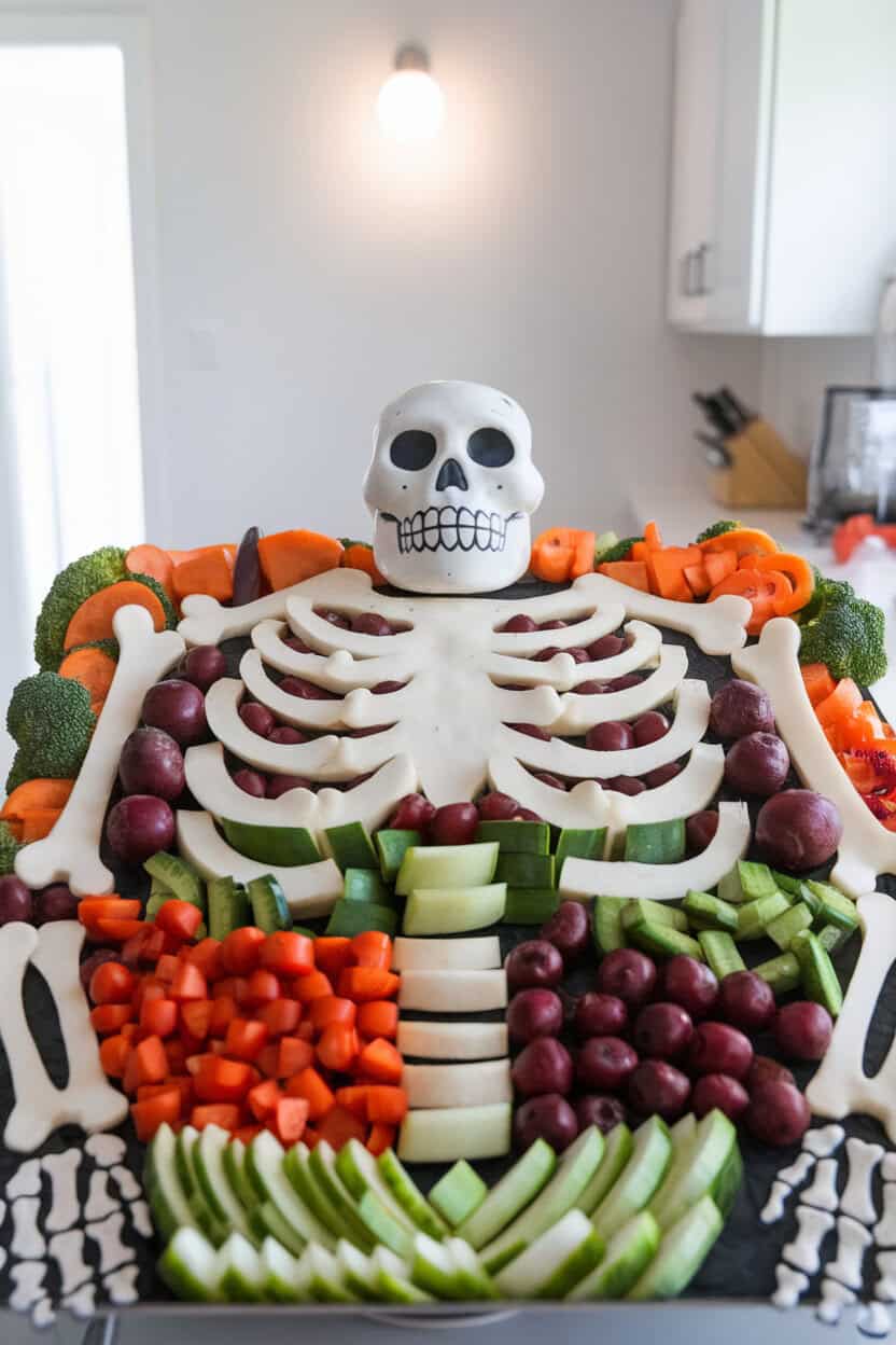 Photo, not illustration — indoor platter arranged with assorted cut vegetables forming a skeleton shape, small bowl of ranch dip as the skull; bright kitchen light, no text or logos