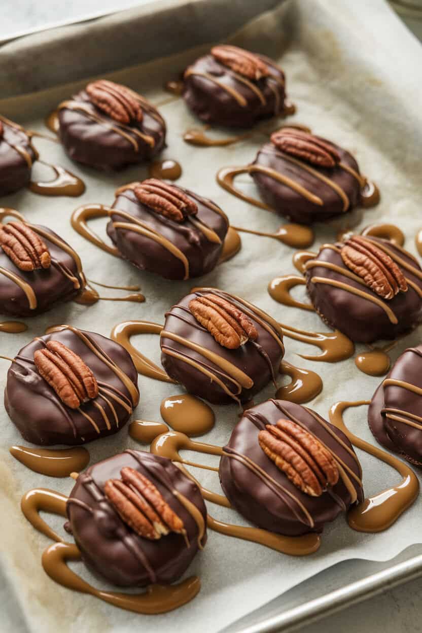 Photo prompt: Indoors, a tray lined with parchment holds turtle cookies topped with melted chocolate, caramel drizzle, and pecan halves. Soft overhead light, no text or logos.
