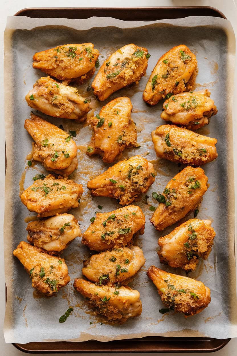 Indoor serving board lined with parchment holding several golden baked chicken wings coated in garlic-parmesan sauce, no text or logos, photo style