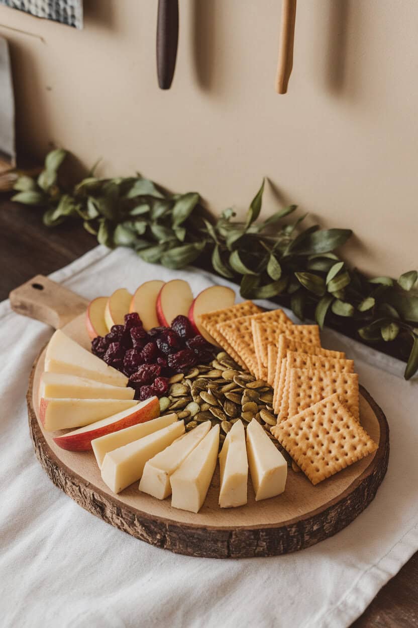 Indoor photo of cashew “cheese” wedges, fresh apple slices, dried cranberries, maple-roasted pumpkin seeds, and rice crackers. No text or logos.