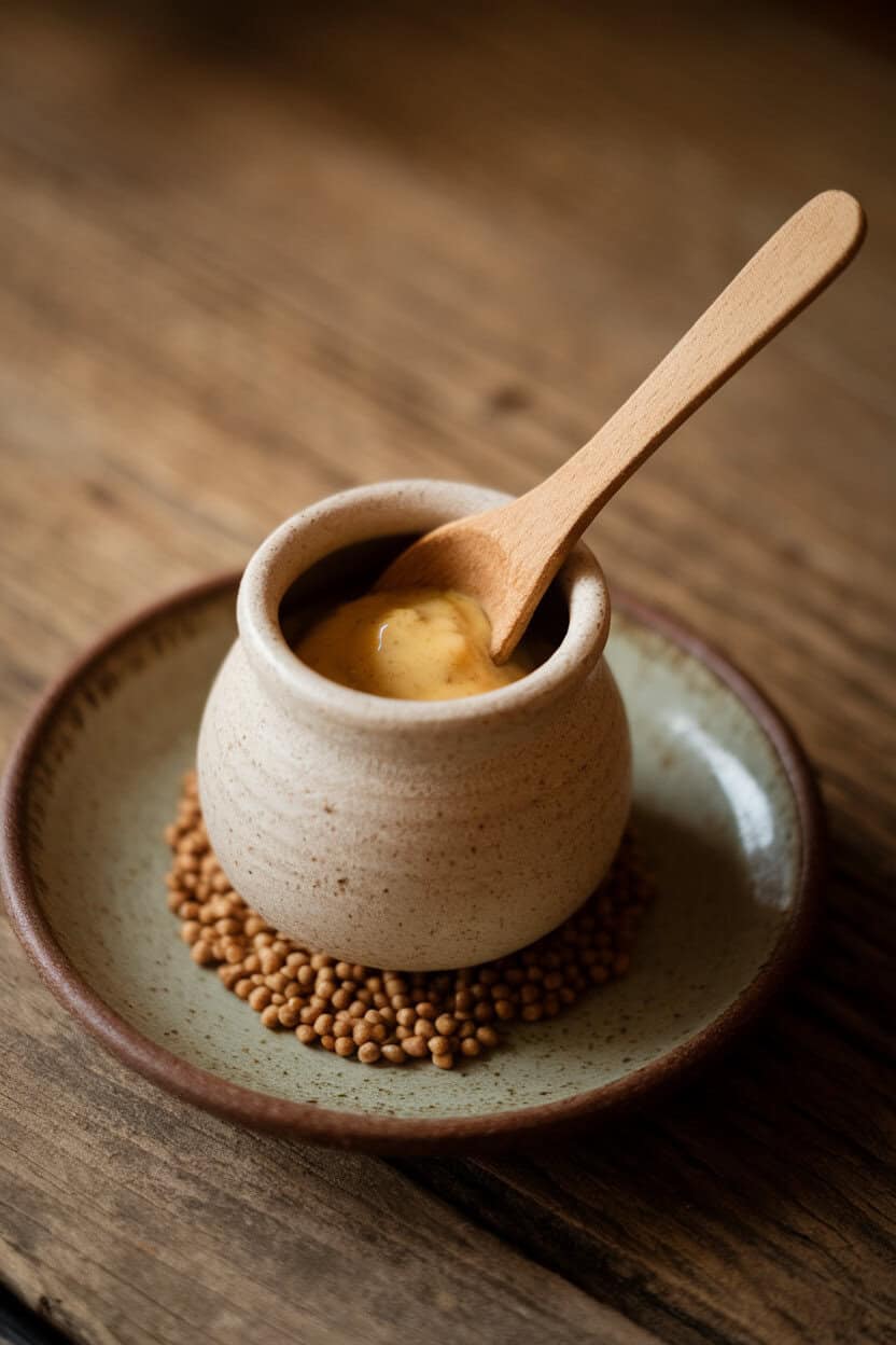 Indoor image of a tiny stoneware pot of whole-grain mustard, wooden spoon dipped in, mustard seeds visible. No text or logos.