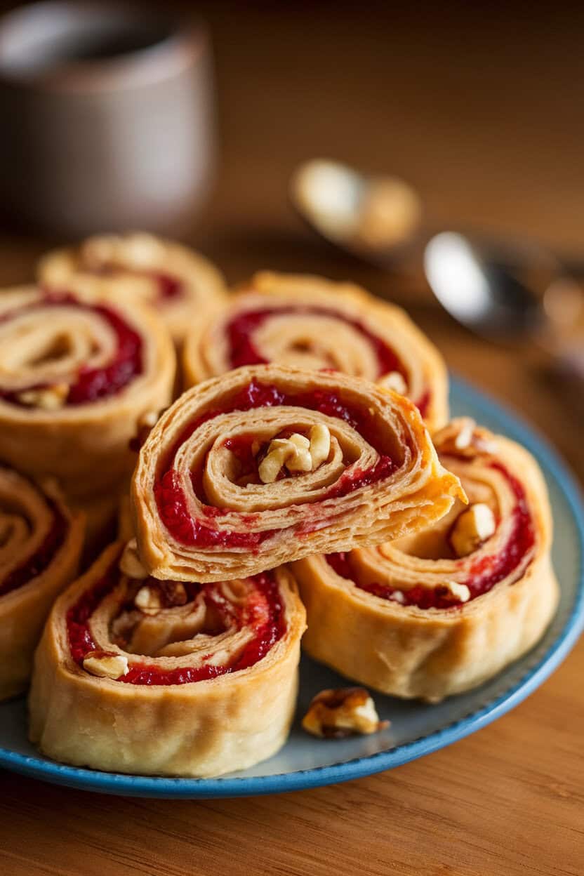 A warmly lit indoor plate holding pinwheel slices of rugelach filled with raspberry jam and chopped walnuts, flaky layers visible; no text or logos. Photo, not illustration.