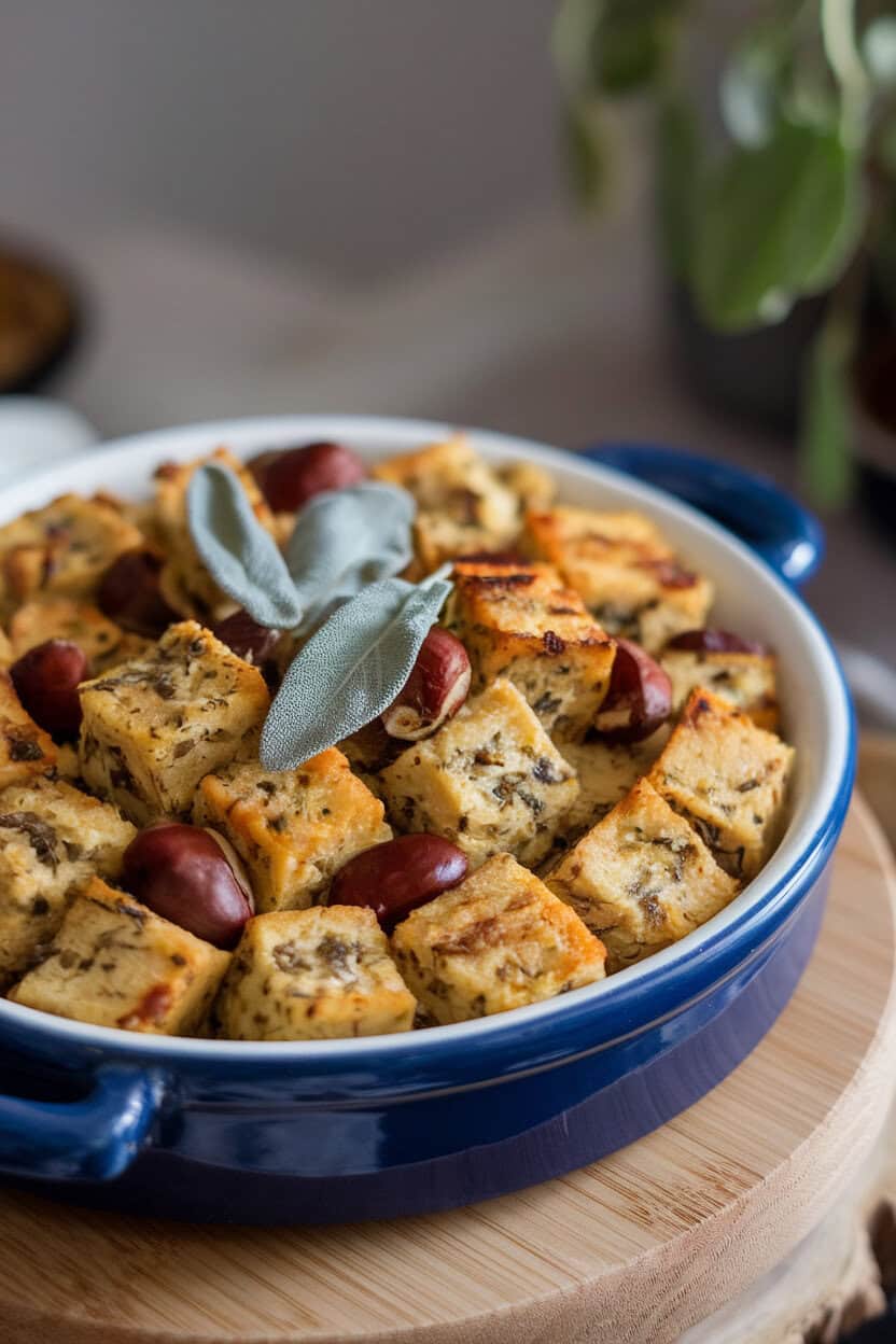Indoor photo of a ceramic dish with golden stuffing cubes, chestnuts visible, sage leaves on top. No text or logos.