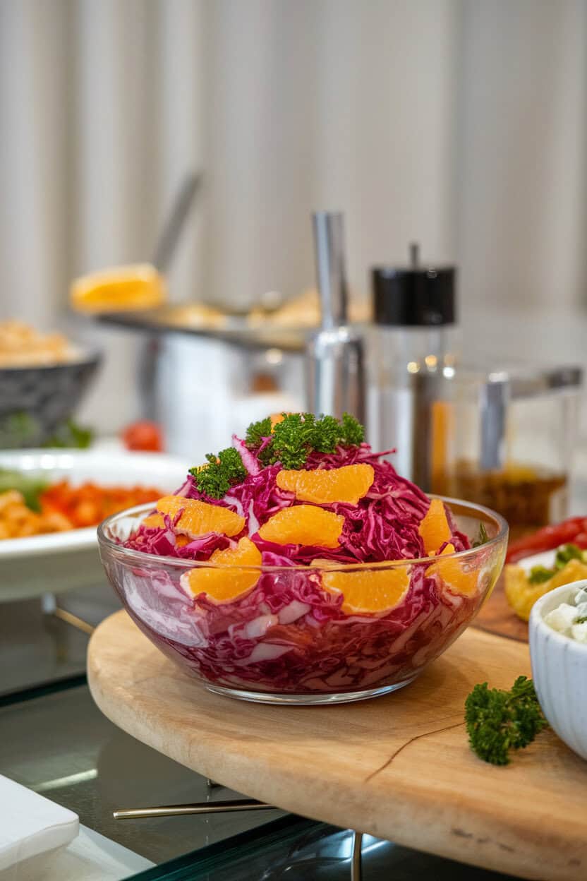 An indoor buffet scene with a glass bowl of finely shredded red cabbage, orange segments, and parsley, lightly coated in vinaigrette. No text or logos; photo, not illustration.