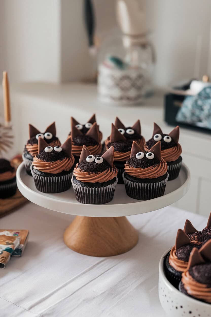 A cake stand on an indoor table displaying chocolate-frosted cupcakes topped with black sanding sugar, candy eyes, and chocolate wafer ears to create cat faces. No logos or text.