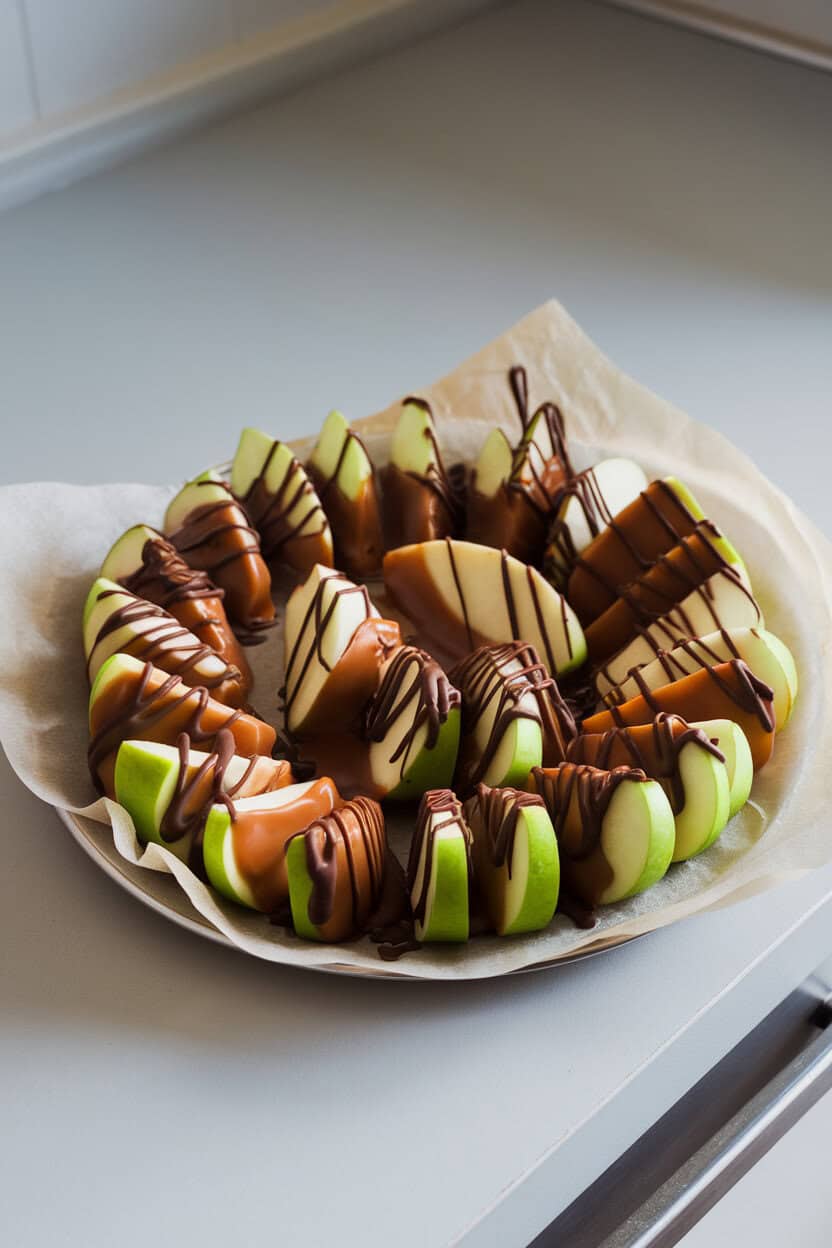 A platter on an indoor countertop showing crisp green-apple wedges half-dipped in glossy caramel and drizzled with dark chocolate, parchment beneath to catch drips. No text or logos anywhere. Photo only.