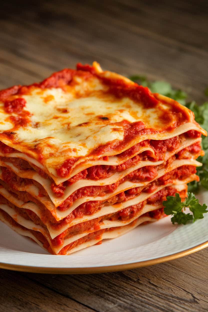 Photo of a square of cooked lamb lasagna showing layers of pasta, tomato sauce, and cheese, indoor serving plate, no text or logos.