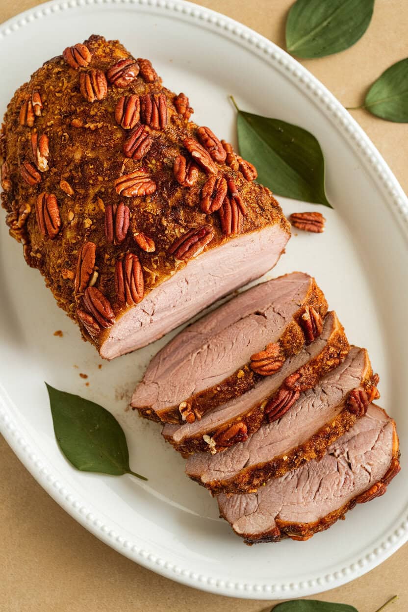 Overhead indoor shot of pecan-crusted pork loin on a white platter, toasted nut pieces visible; no branding or text.