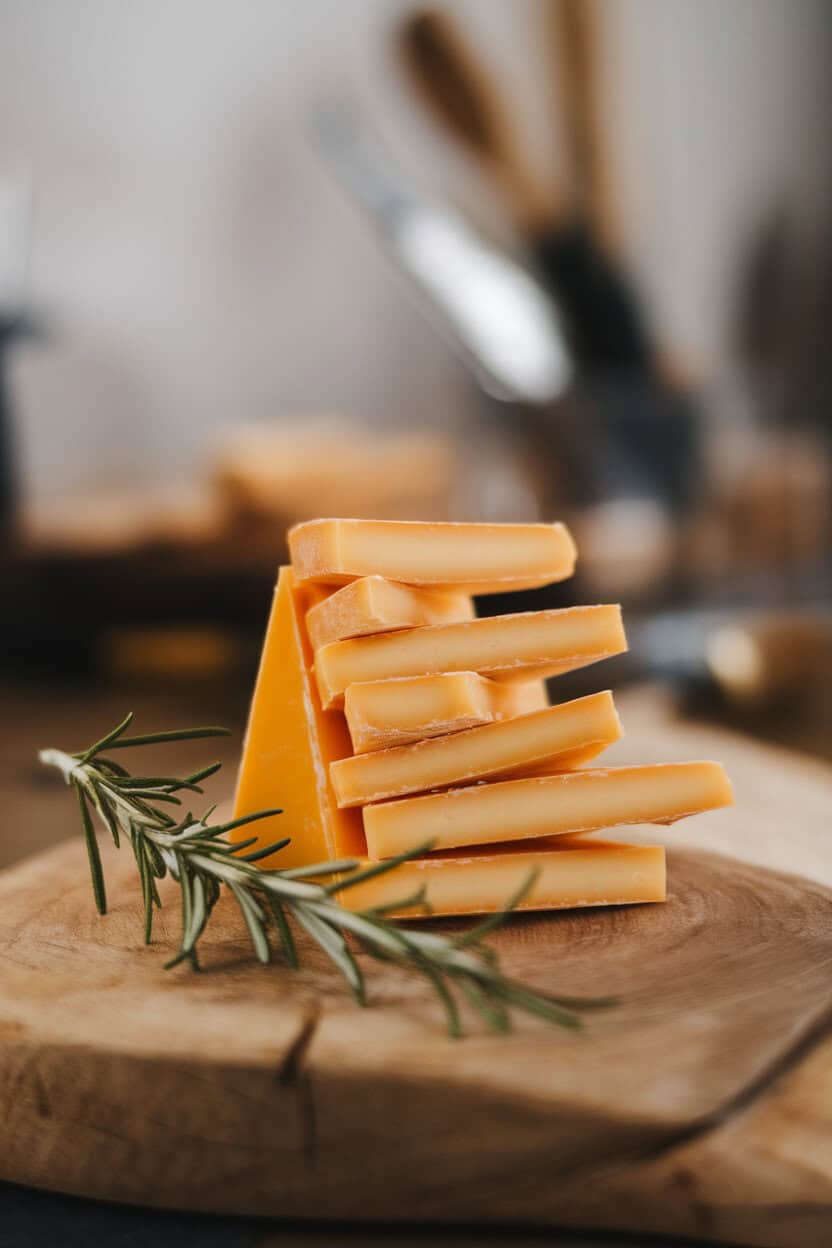 Indoor shot of triangular Manchego slices stacked like dominoes, with a sprig of rosemary nearby on a wooden board. No text or logos.
