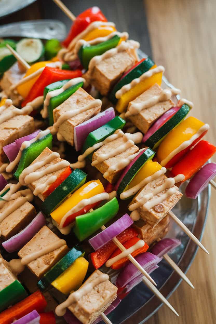 Indoor platter shot of skewered tofu cubes and assorted bell peppers, zucchini, and red onion, drizzled with creamy peanut sauce. No text or logos.