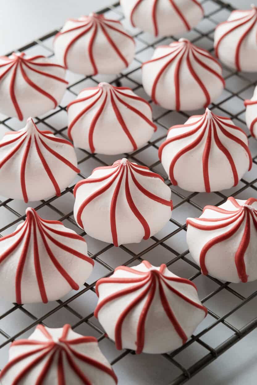 An indoor cooling rack of white meringue kisses streaked with red candy cane swirls, glossy finish catching soft light; no text or logos. Photo, not illustration.