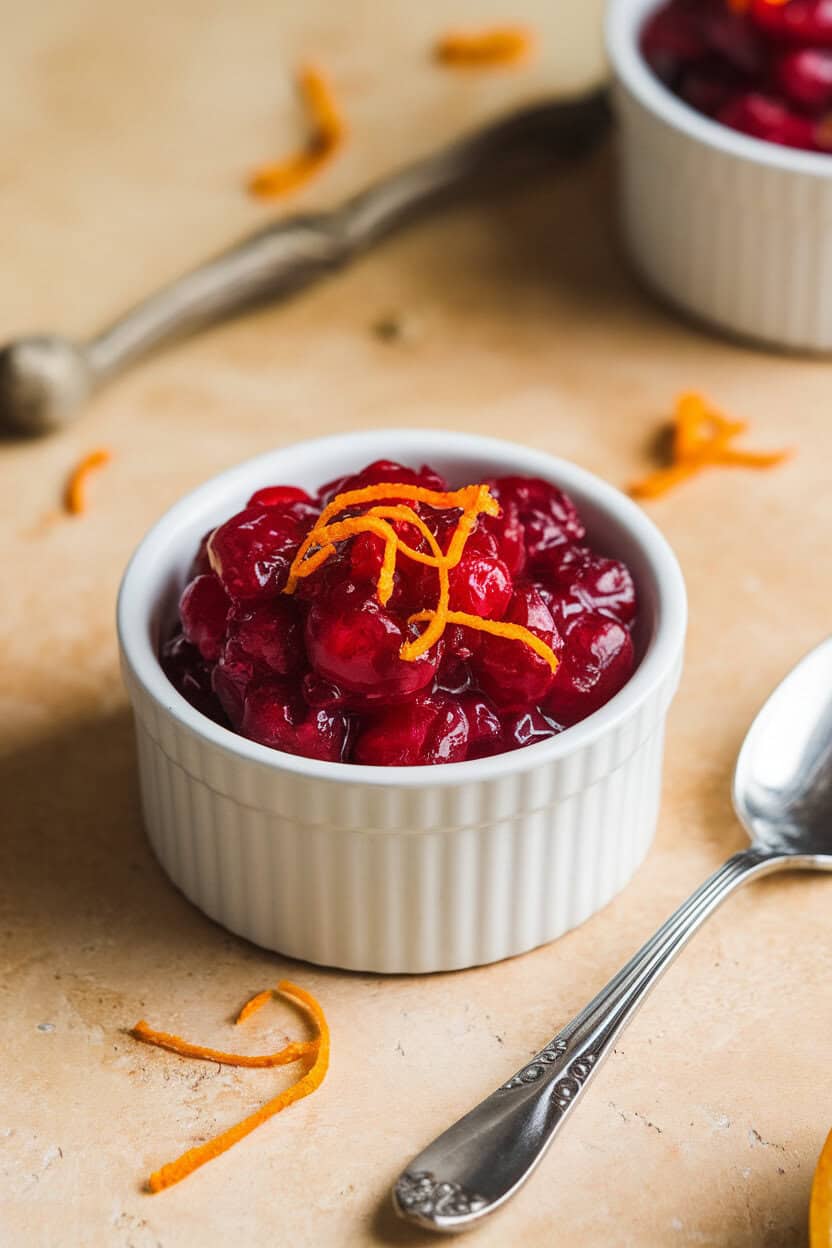 A small ramekin of raw cranberry-orange relish with visible zest indoors, spoon resting beside. No text or logos. Photo, not illustration.