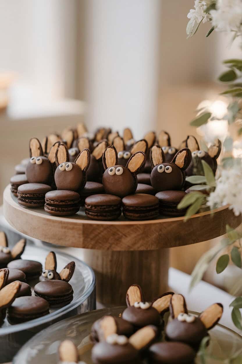A softly lit indoor pastry display of black cocoa macarons with tiny almond shard ears and white chocolate eyes. No text or logos; photo only.