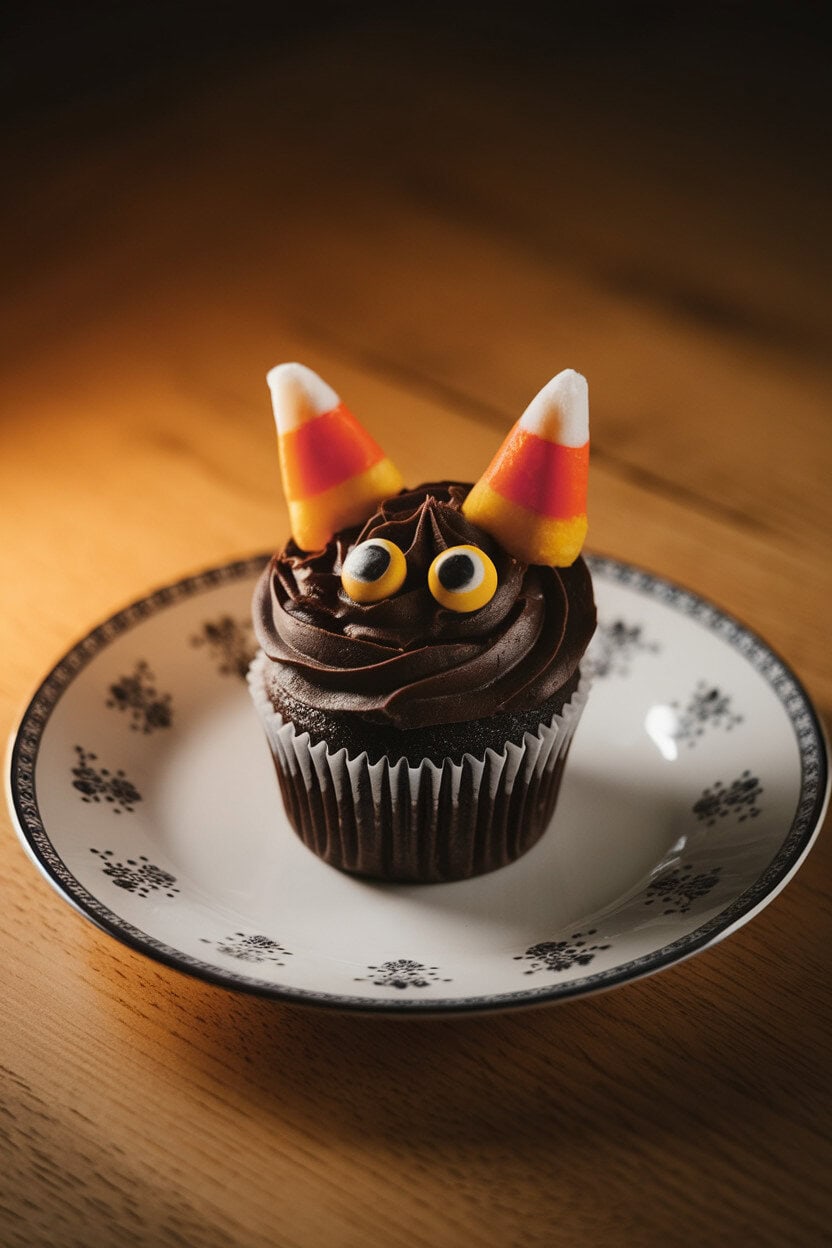 Indoor dessert plate featuring chocolate cupcakes with black frosting, licorice “whiskers,” candy corn ears, and yellow candy eyes. Warm light; no logos. Photo only.